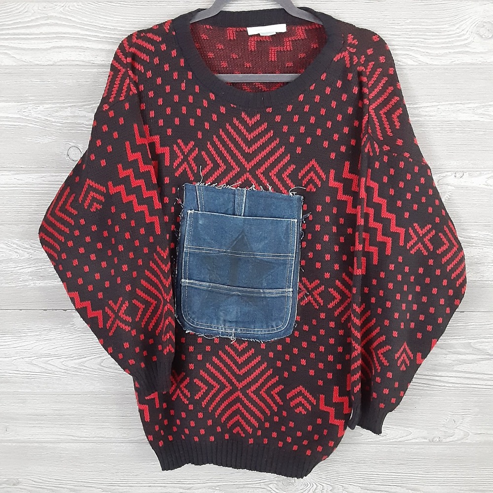Jamie Scott Vintage Red Black Geometric Knit Sweater Denim Pocket Patch Womens M